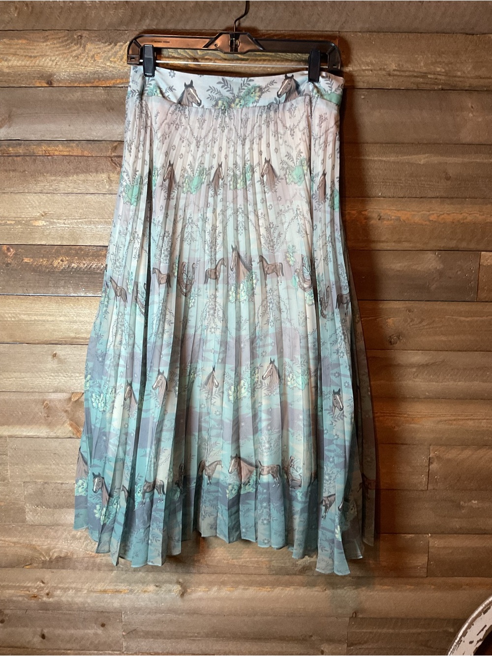 Tasha Polizzi Justine Pleated Chiffon Skirt Light Blue & Green Horse Size Medium